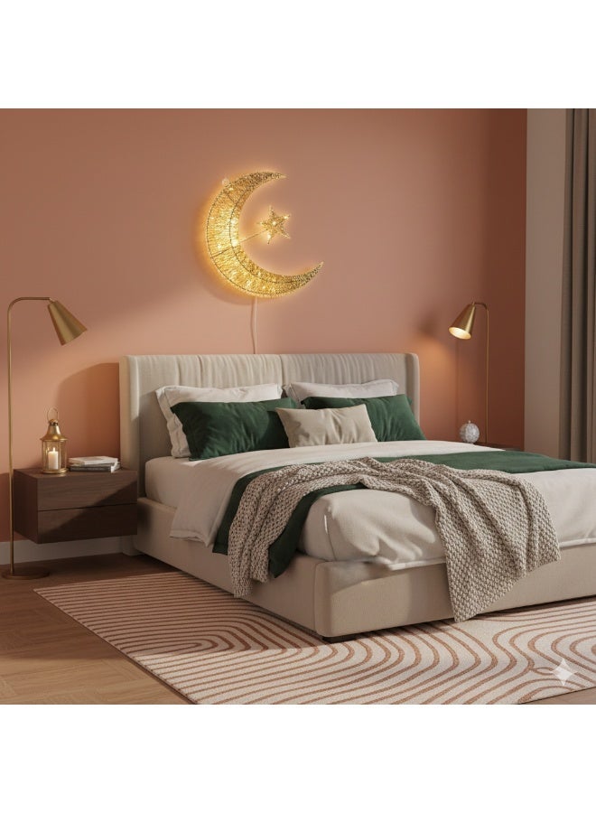 فانوس هلال ذهبي بإضاءة LED بطول 40 سم - فانوس زينة منزلية لرمضان وعيد مبارك (يعمل بالبطارية) - Image 2